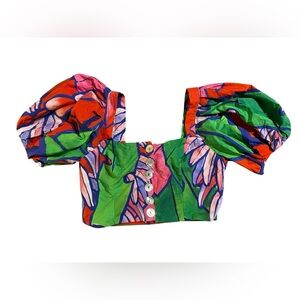 FARM Rio Cropped Floral Blouse Puffed Sleeves Size Medium